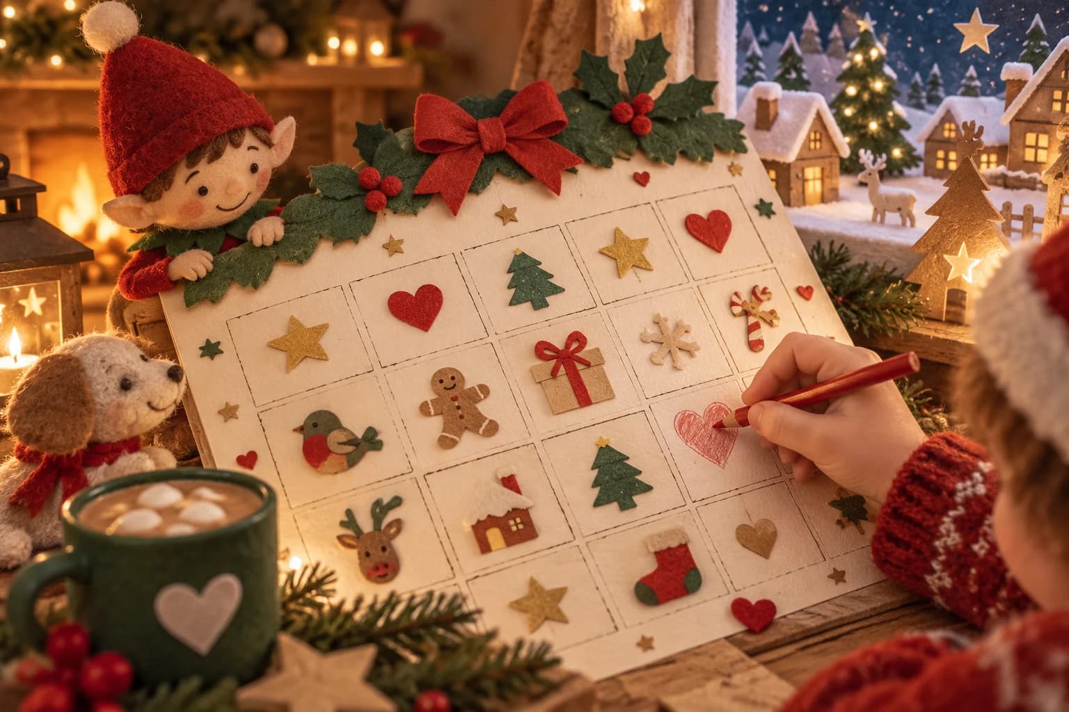 Grille de calendrier de la gentillesse composée de 24 cases numérotées, avec une action bienveillante dans chaque case.