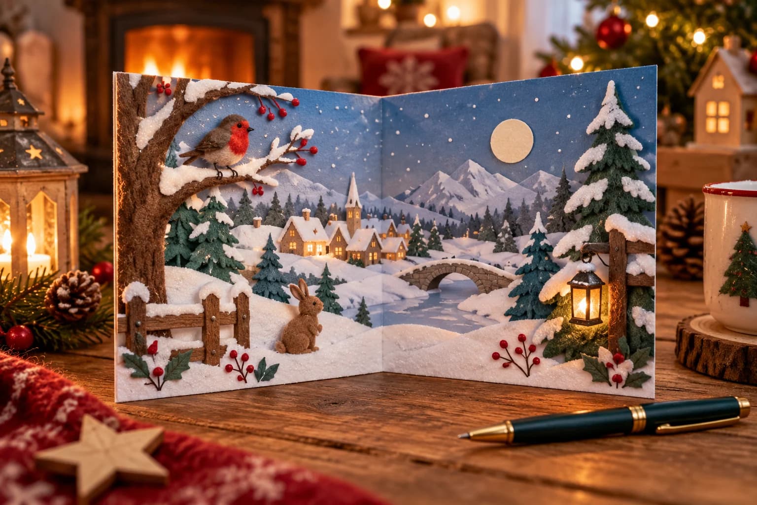 Carte de vœux de Noël pliée avec une illustration festive sur la couverture et un espace intérieur pour écrire un message.