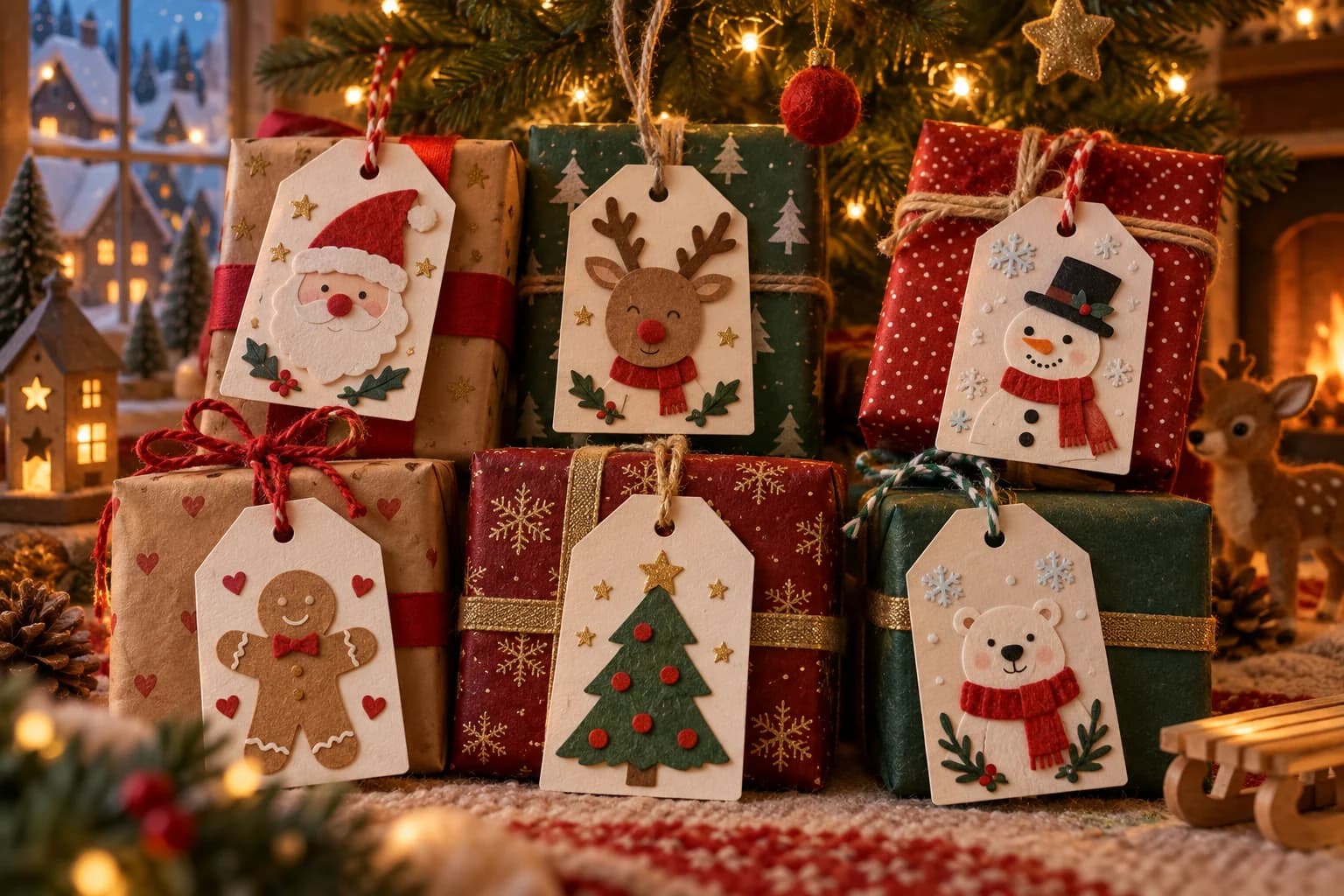 Planche de six étiquettes cadeaux de Noël à décorer, avec des motifs festifs et un espace pour écrire un prénom.