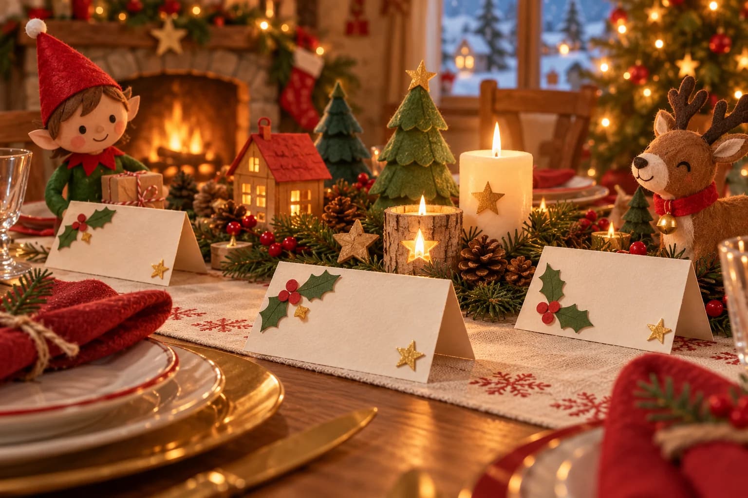 Planche de marque-places pliés de Noël avec des motifs festifs et un espace pour écrire un prénom.