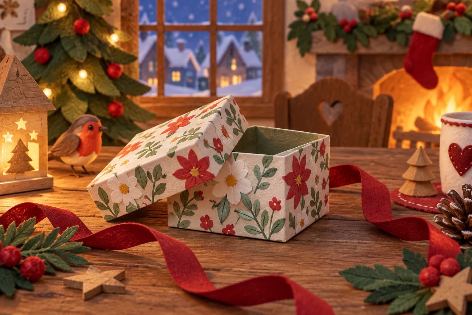 Petite boîte cadeau carrée en papier avec un couvercle posé dessus et un ruban décoratif.