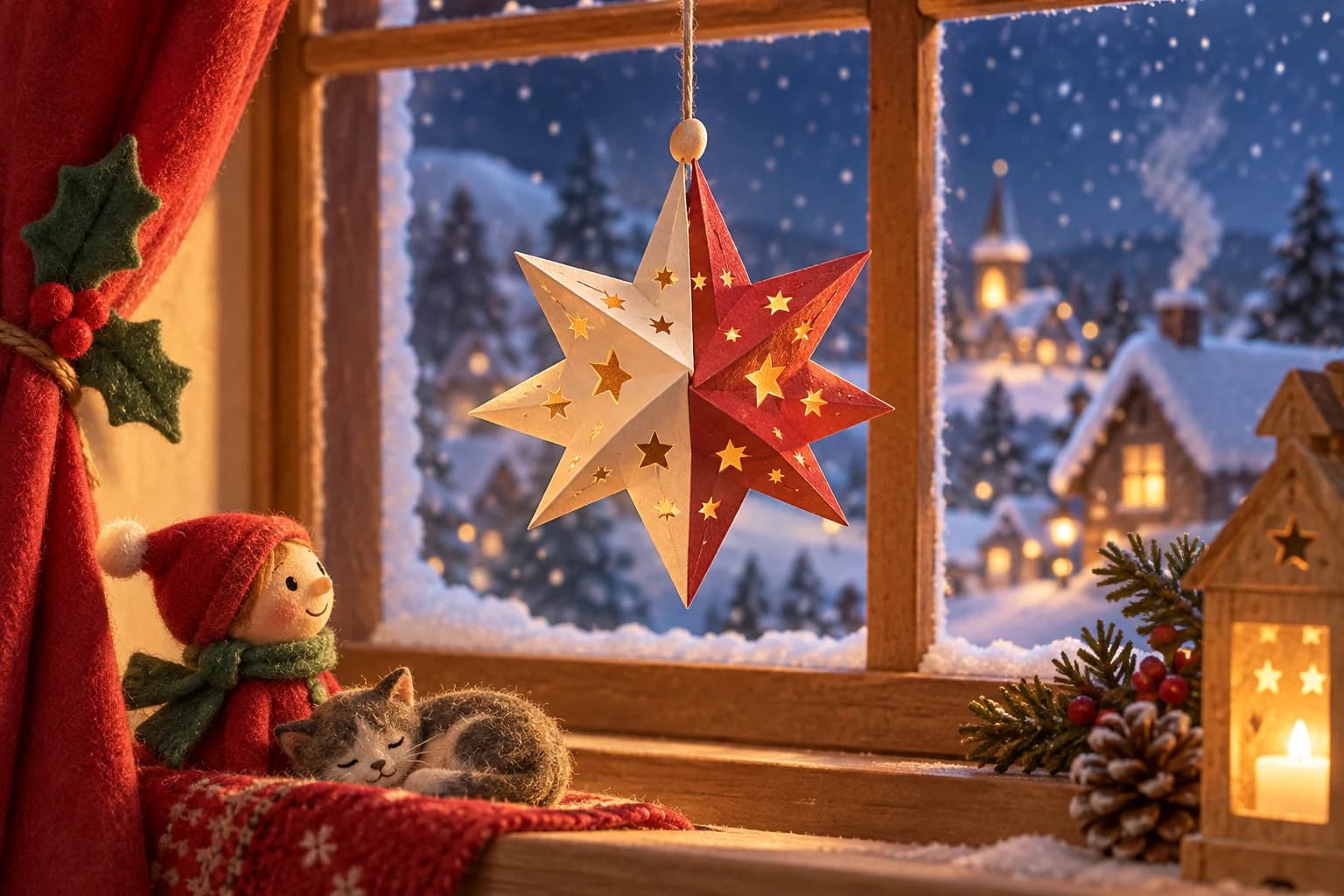 Étoile de Noël en papier cartonné formée de deux étoiles assemblées à angle droit et suspendue par une ficelle.
