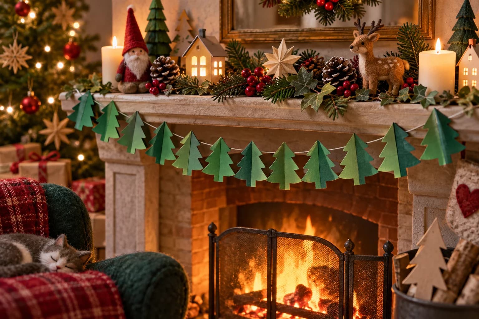 Guirlande en papier composée de plusieurs sapins reliés, obtenue avec une bande pliée en accordéon.