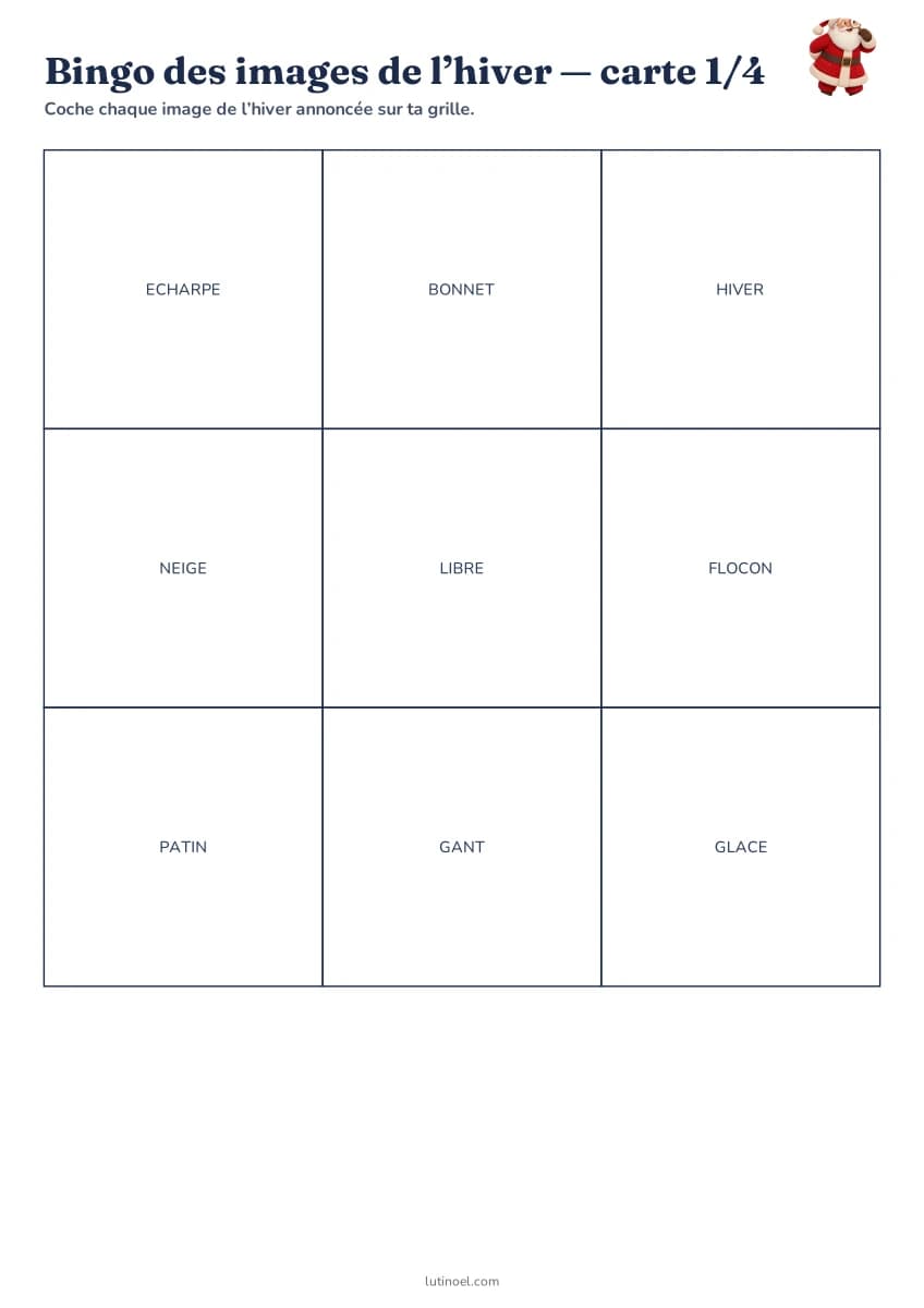 Bingo des images de l’hiver — aperçu de la fiche à imprimer