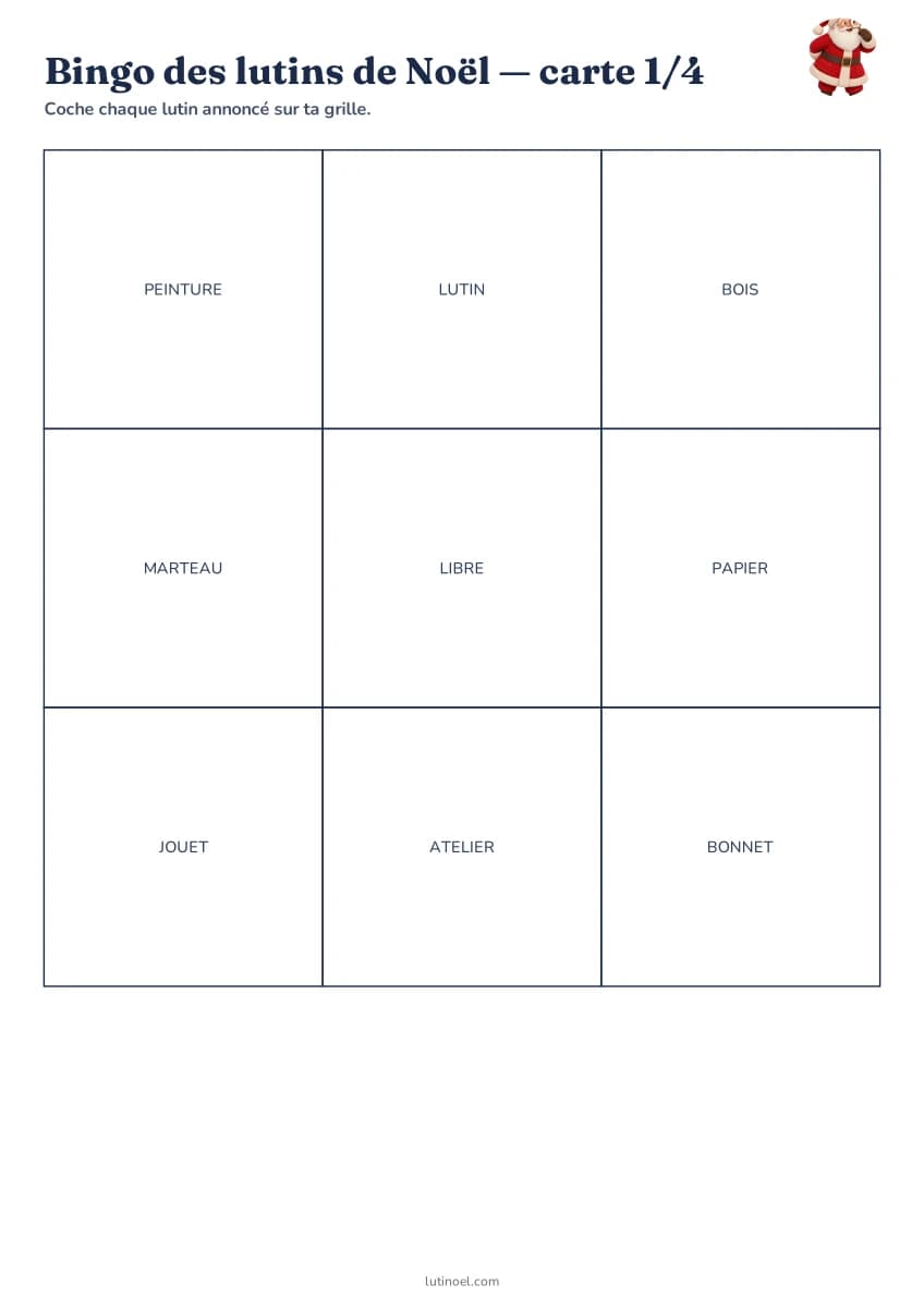Bingo des lutins de Noël — aperçu de la fiche à imprimer