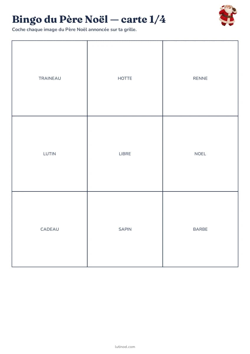Bingo du Père Noël — aperçu de la fiche à imprimer