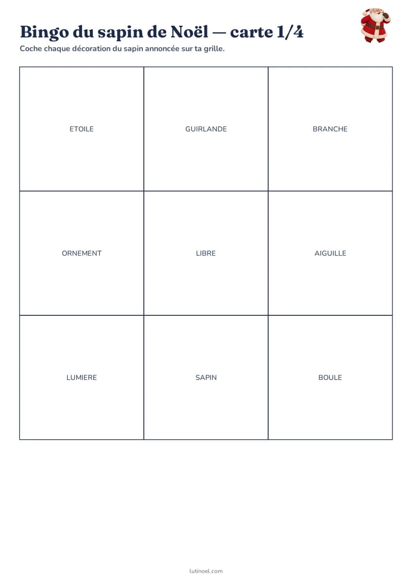 Bingo du sapin de Noël — aperçu de la fiche à imprimer