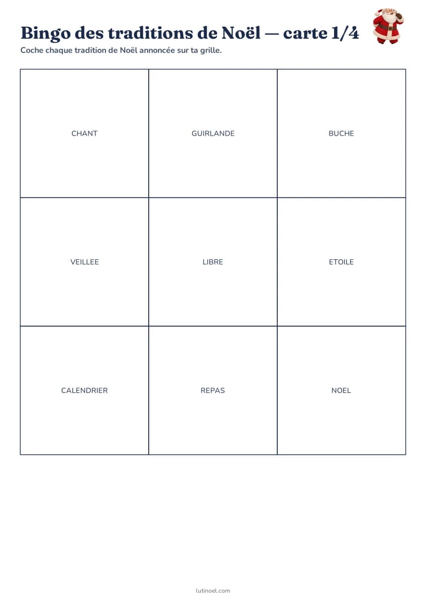 Bingo des traditions de Noël — aperçu de la fiche à imprimer