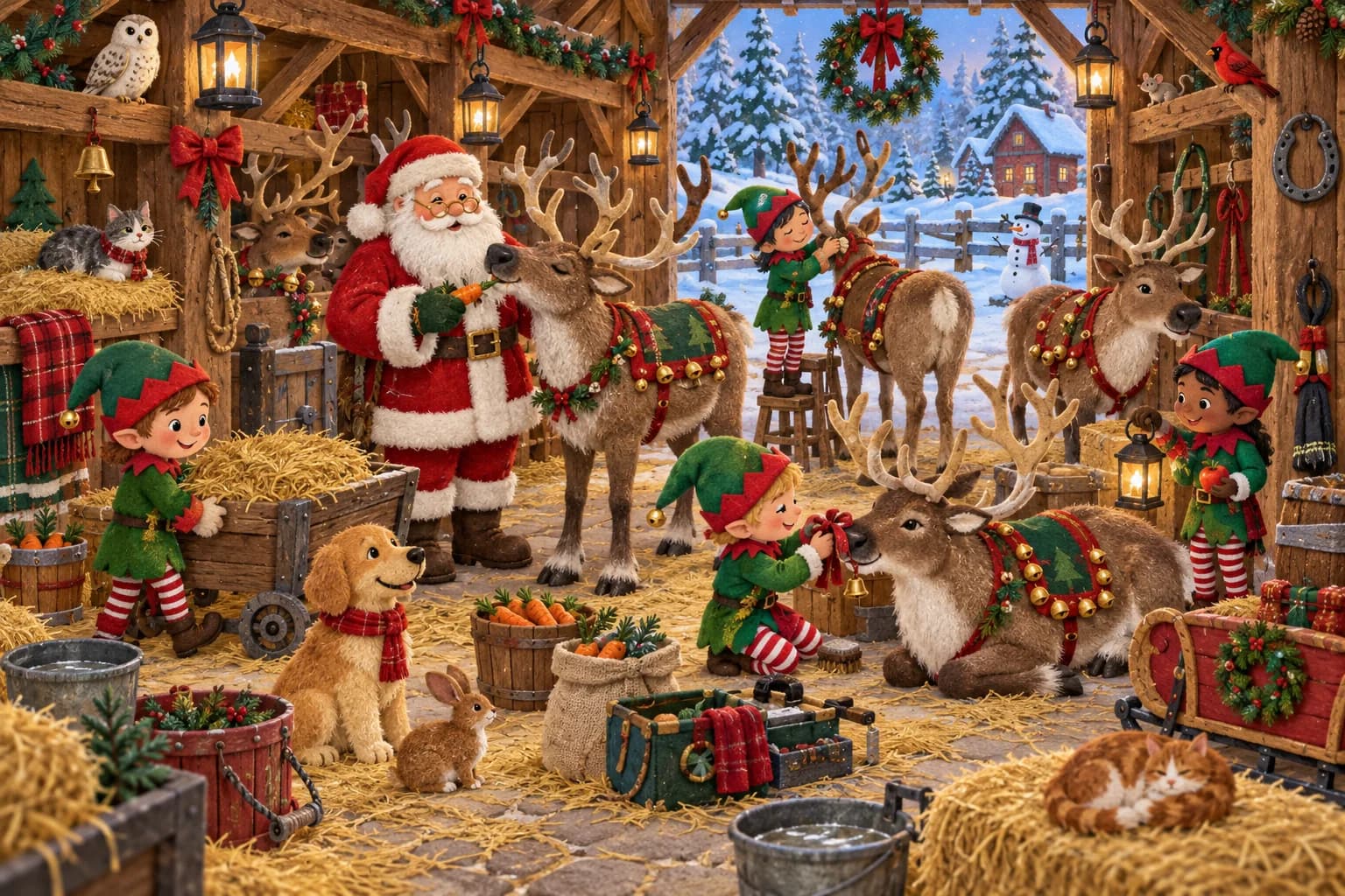 Dans l’écurie enneigée, cherche le harfang, le chiot à l’écharpe rouge, le Père Noël, le lapin et le cardinal.
