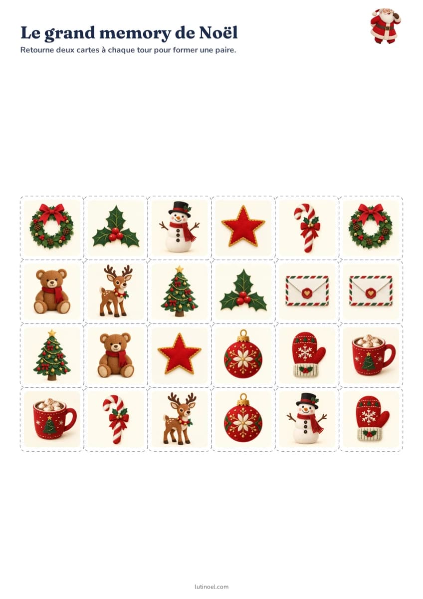 Le grand memory de Noël — aperçu de la fiche à imprimer