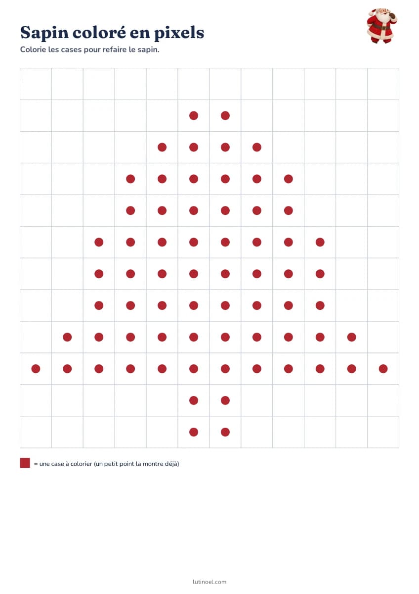 Sapin coloré en pixels — aperçu de la fiche à imprimer