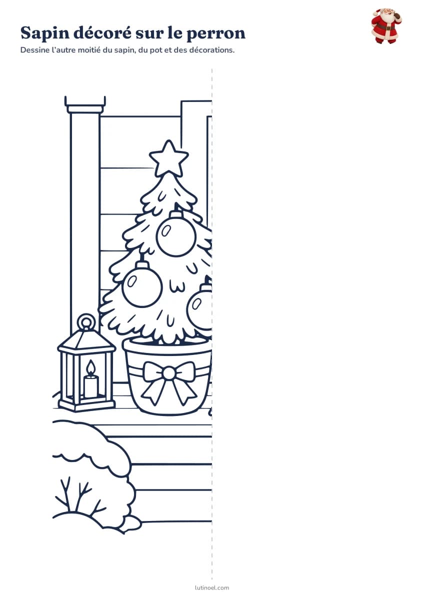 Sapin décoré sur le perron — aperçu de la fiche à imprimer