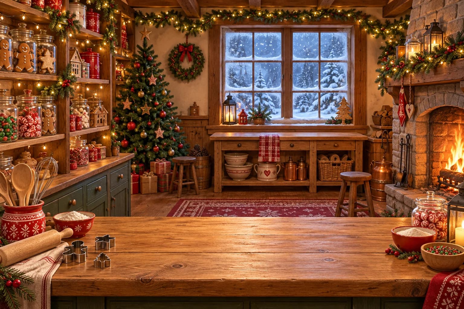 La cuisine de l’atelier du Père Noël, comptoir en bois, étagères de bocaux de biscuits, sapin et cheminée