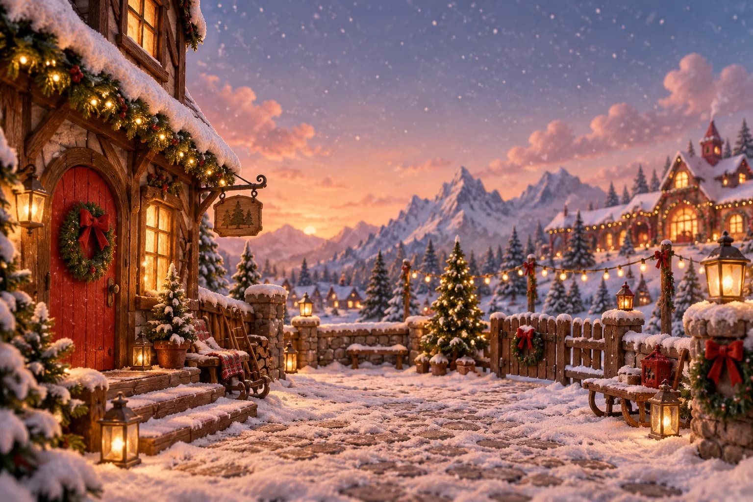 La cour enneigée du village de Lutinoel, guirlandes lumineuses et flocons qui tombent