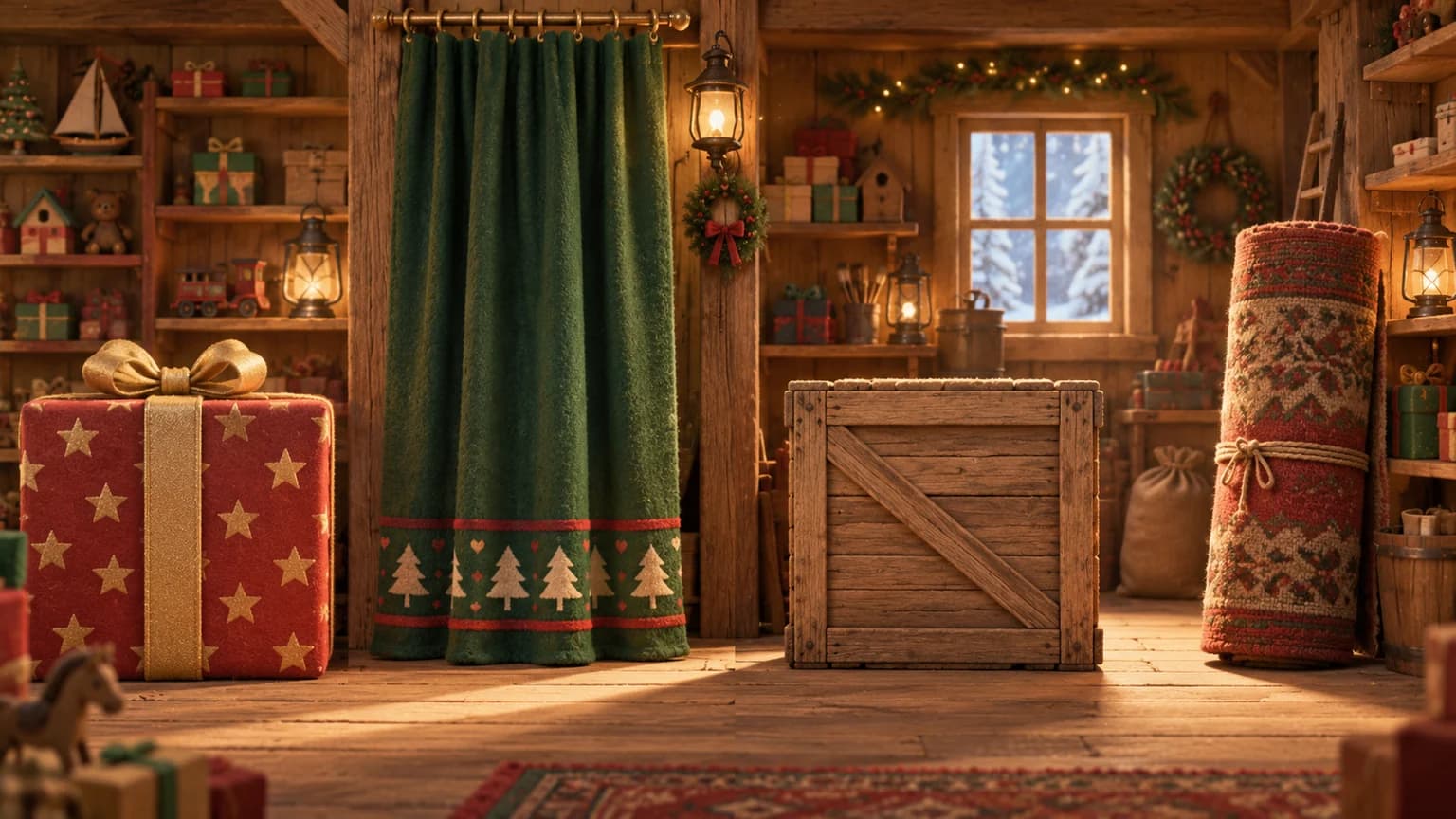 La réserve de l’atelier du Père Noël avec un cadeau, un rideau, une caisse et un tapis roulé