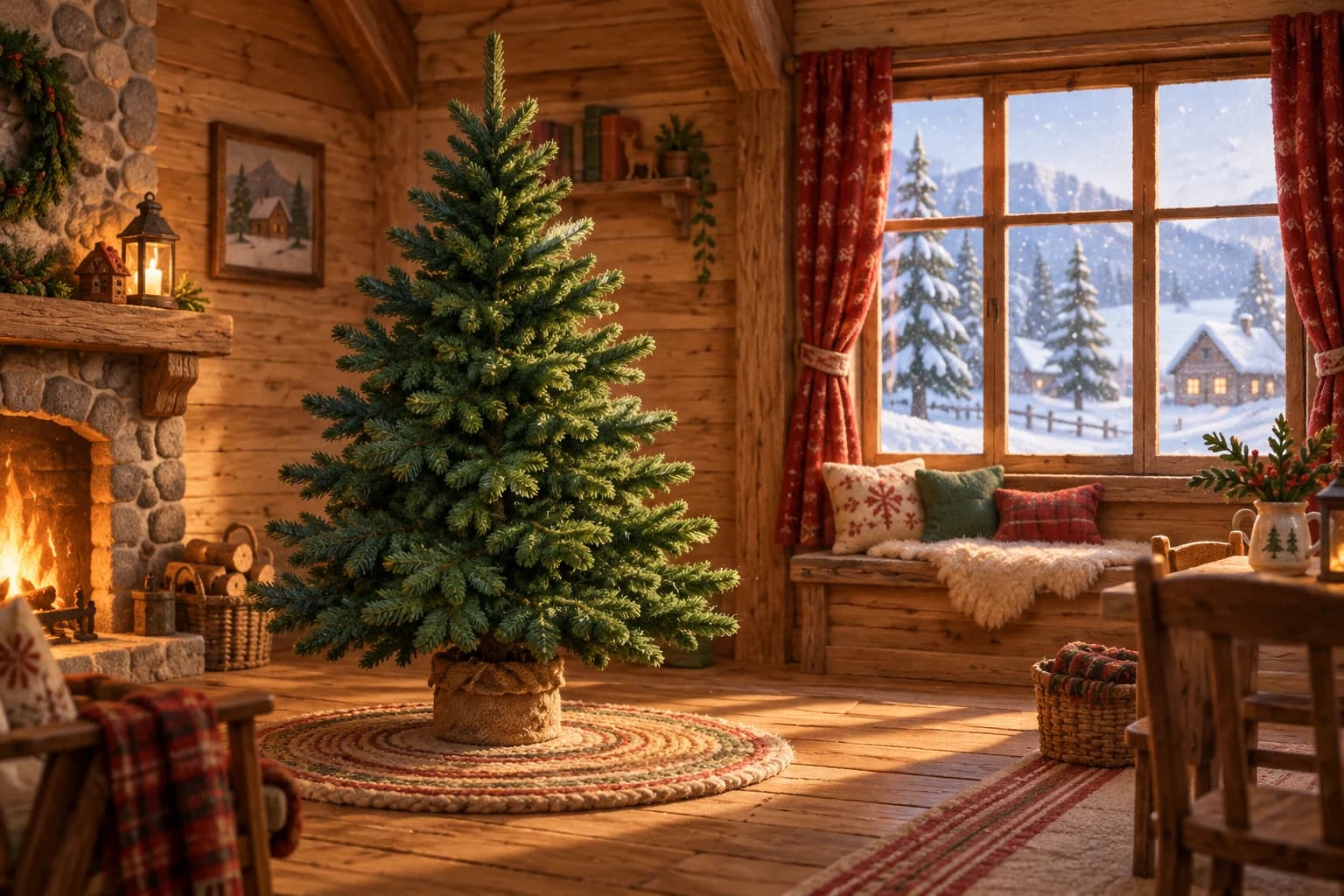 Un grand sapin de Noël encore nu, sans aucune décoration, dans une pièce en bois chaleureuse