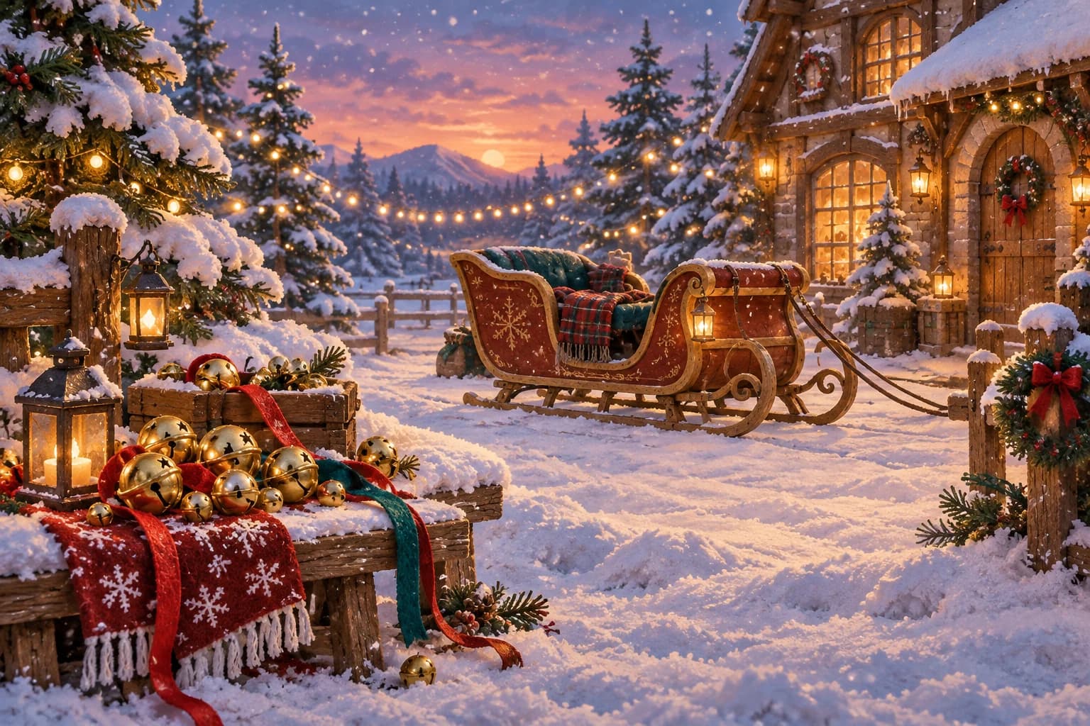 La cour enneigée devant l’atelier du Père Noël, un traîneau en bois prêt à partir, guirlandes lumineuses