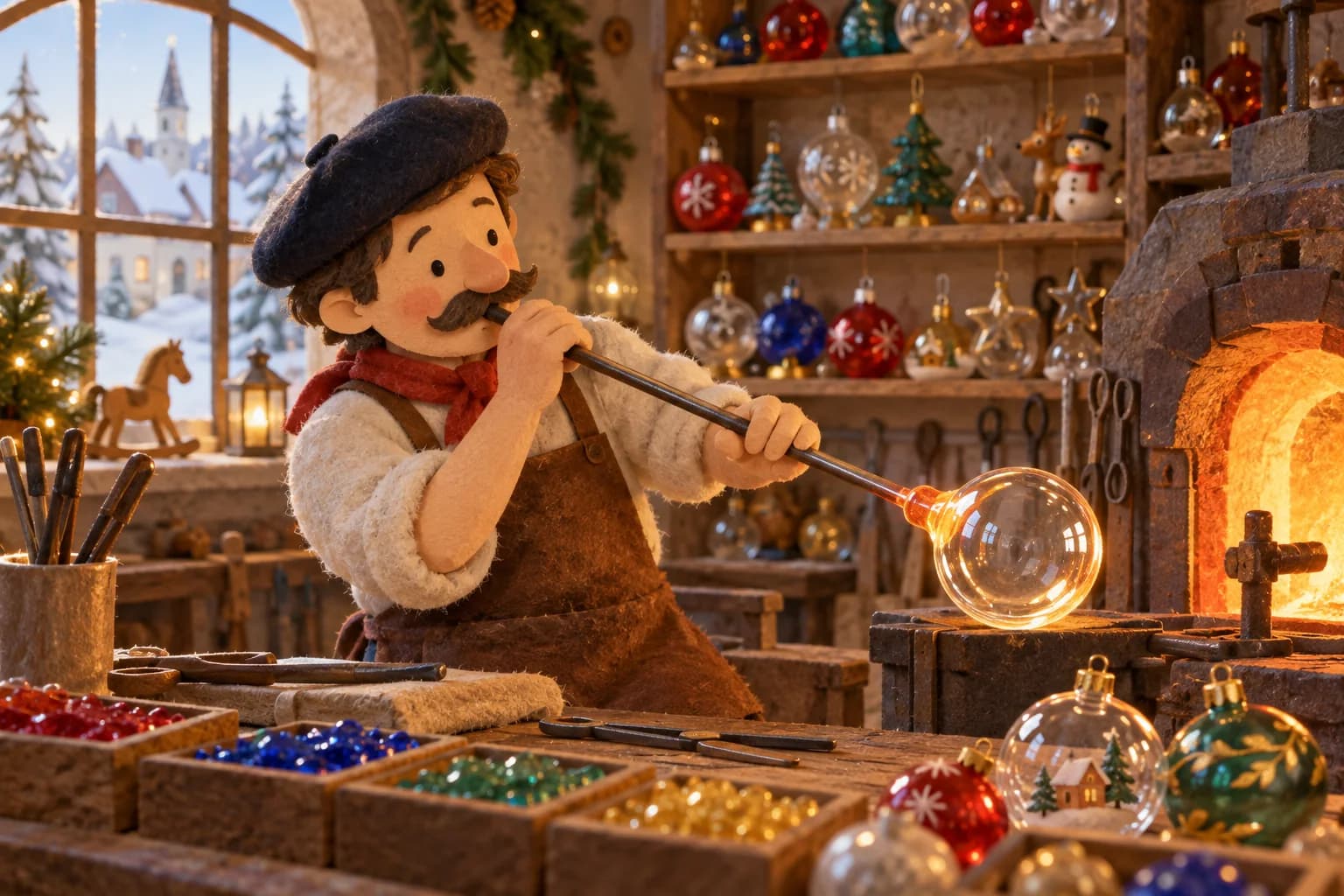 Un artisan verrier façonne une boule de Noël brillante dans son atelier