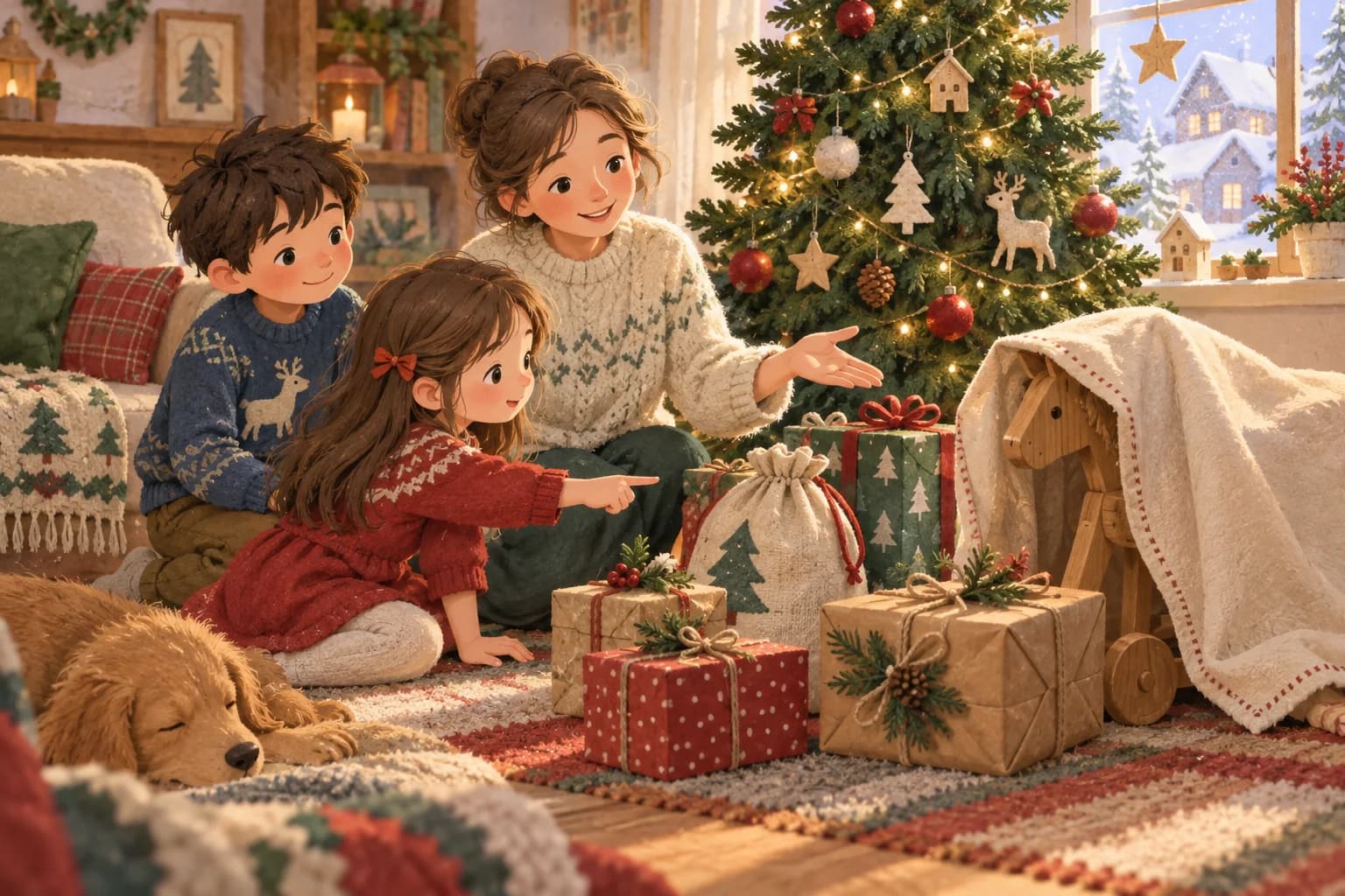 Deux enfants et un parent près du sapin, avec des cadeaux emballés et un grand jouet partiellement caché sous un tissu.
