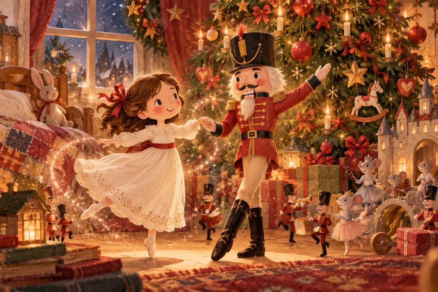 Une enfant découvre un casse-noisette près d’un grand sapin de Noël