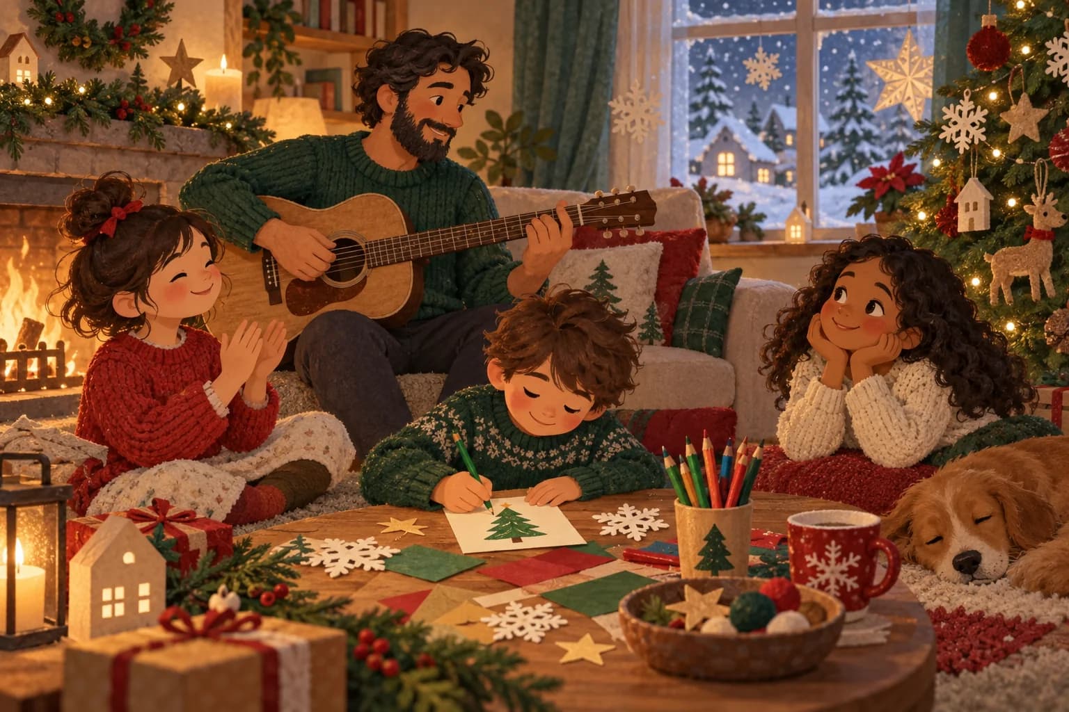 Des enfants et un parent écoutent des chansons de Noël et préparent des cartes illustrées près du sapin.