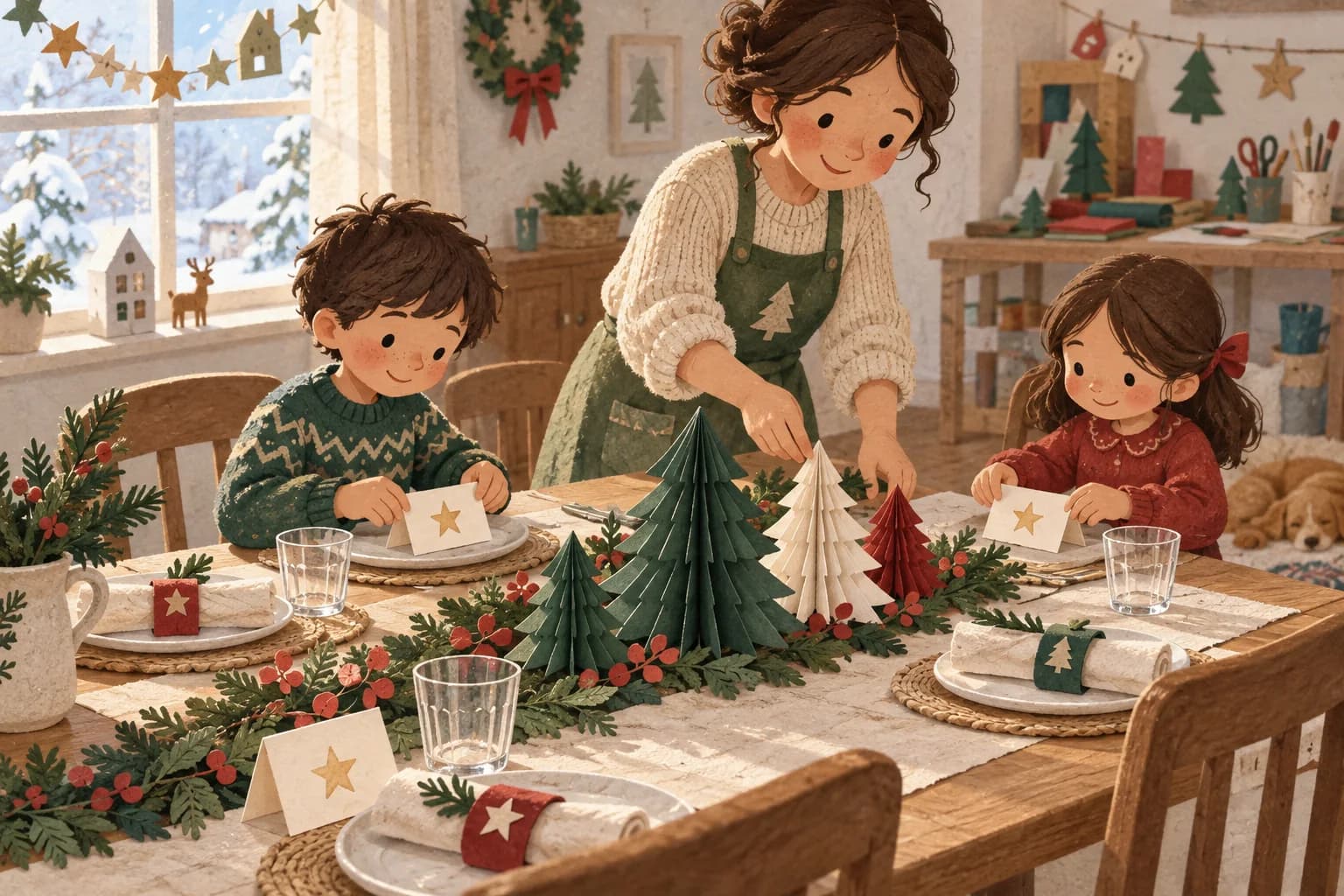 Deux enfants et un parent décorent une table de Noël avec des sapins en papier, des marque-places et des ronds de serviette.