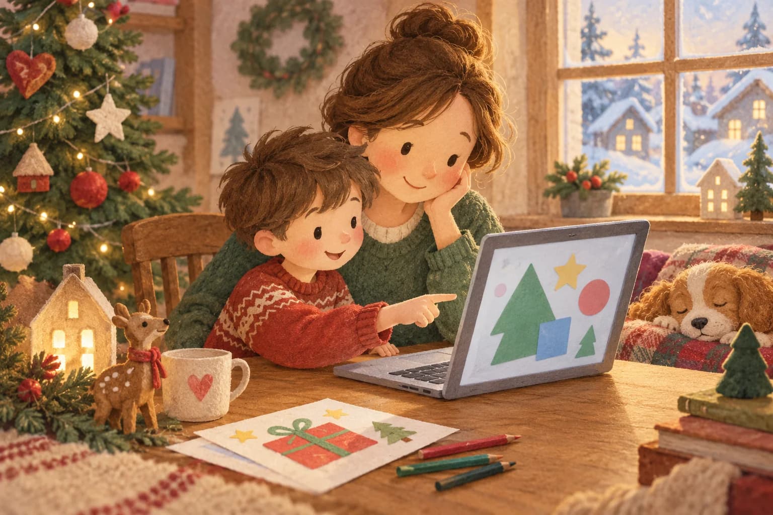 Un enfant et un parent préparent ensemble un message de Noël sur un ordinateur.