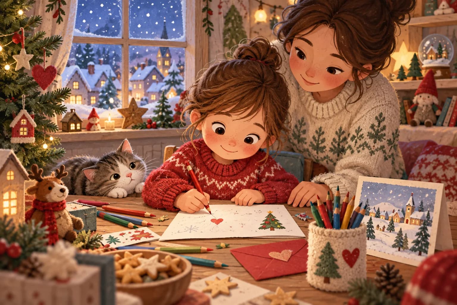Un enfant écrit une lettre de Noël à son bureau avec des crayons de couleur, tandis qu’un adulte l’aide dans une pièce chaleureuse décorée pour les fêtes.