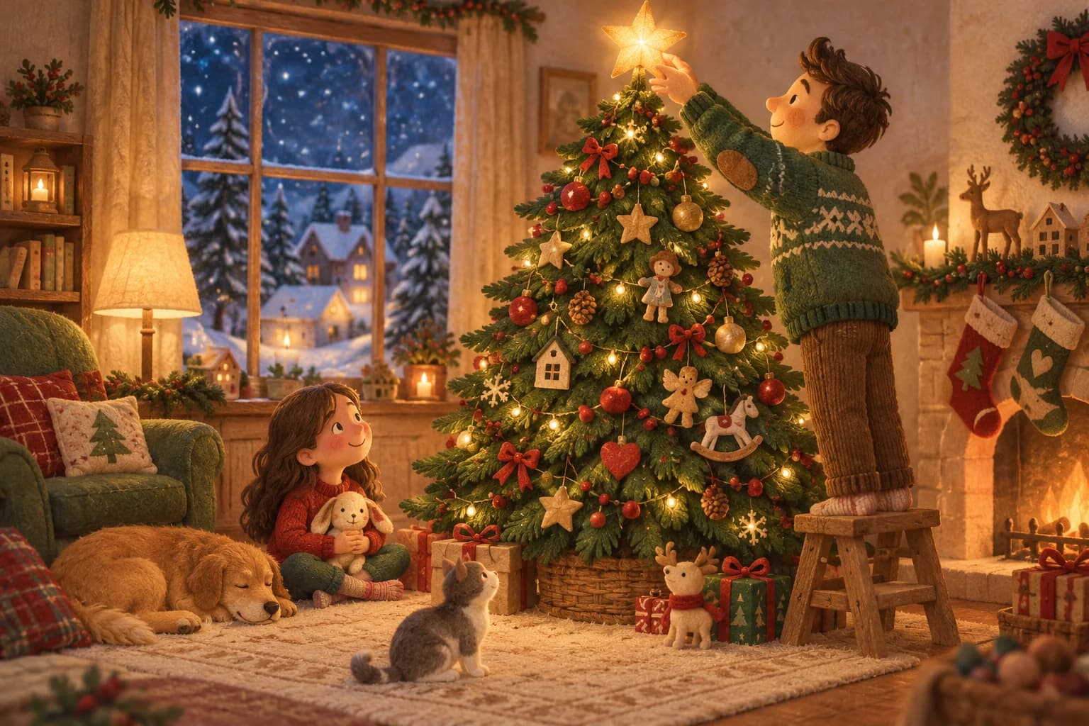 Une famille installe une étoile dorée au sommet du sapin