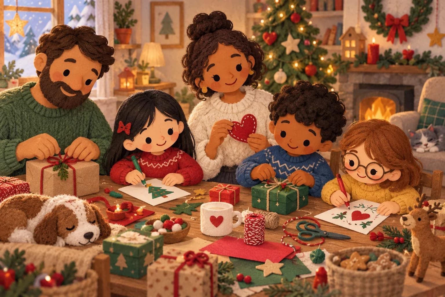 Une famille prépare ensemble de petites attentions de Noël autour d’une table