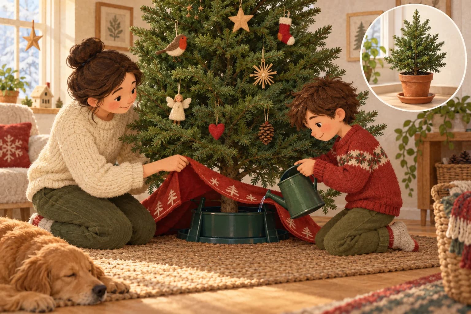 Un enfant et un parent vérifient la réserve d’eau d’un sapin coupé ; un petit encadré montre un sapin en pot.