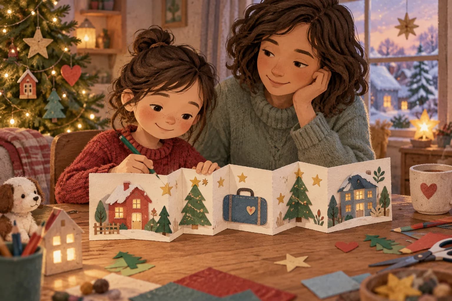 Un enfant et un adulte fabriquent un calendrier illustré pour préparer Noël dans deux maisons.