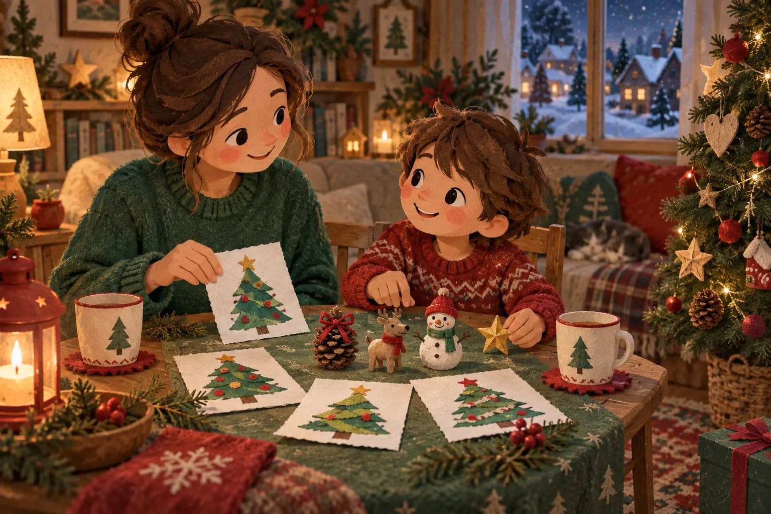 Un parent et son enfant préparent une table de Noël pour deux dans un salon décoré.