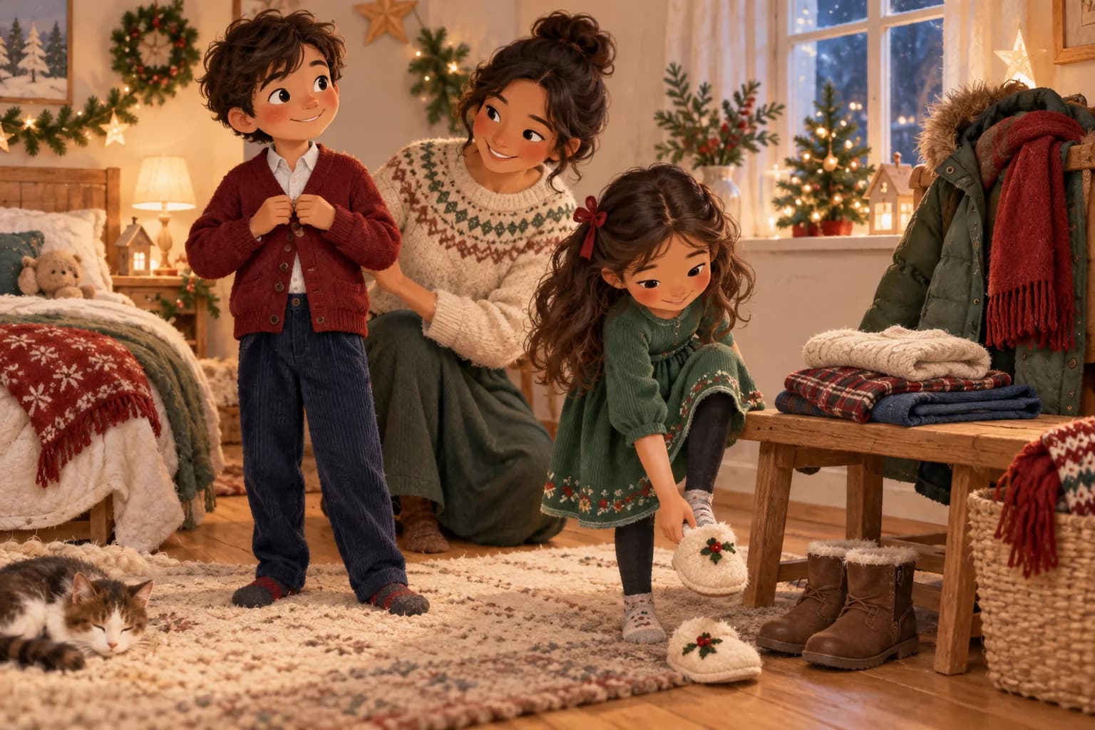 Deux enfants essaient des tenues de réveillon confortables avec un parent dans une chambre décorée pour Noël.