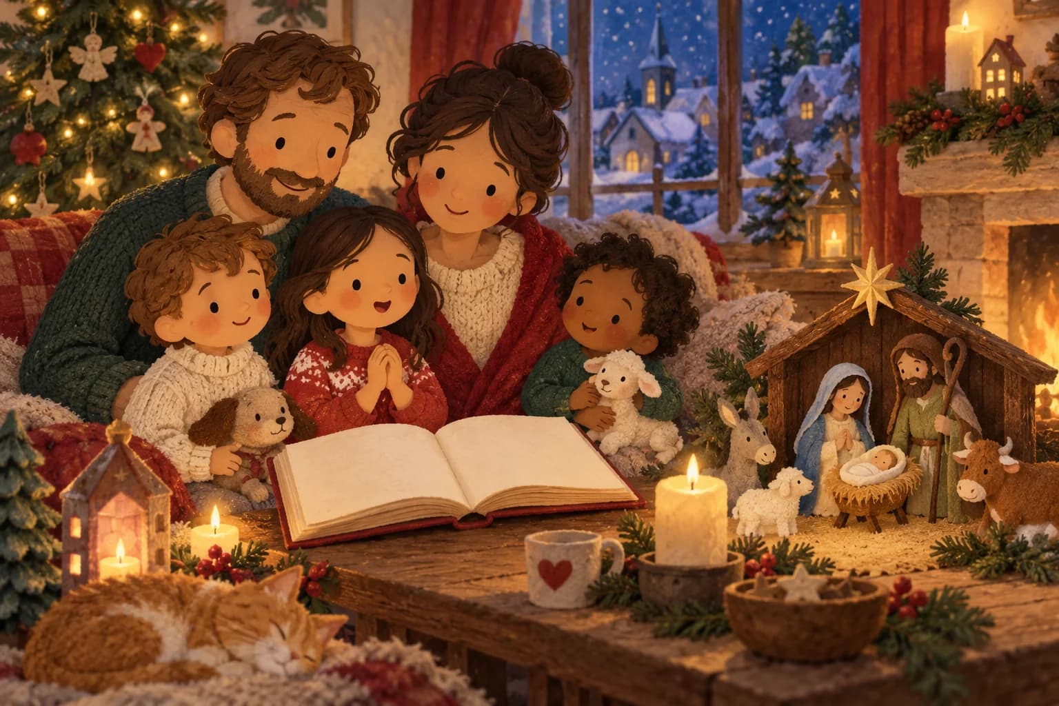 Une famille écoute un chant de Noël près d’une crèche et d’un vieux recueil ouvert