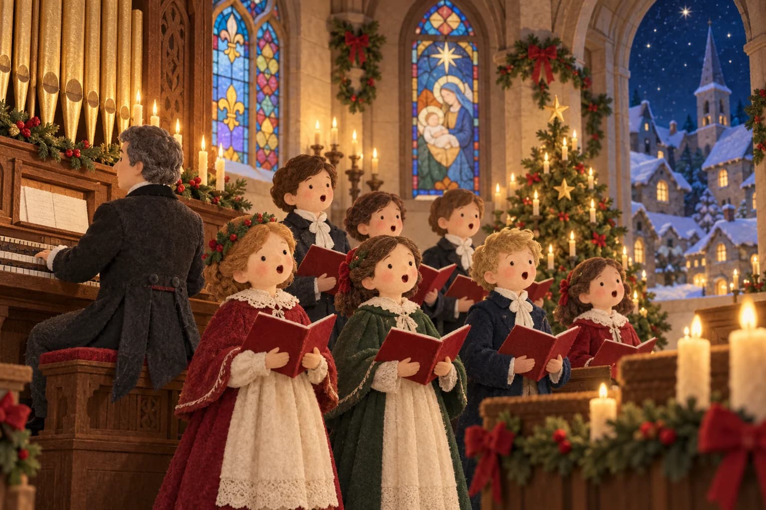 Chorale chantant dans une église française au 19e siècle pendant la nuit de Noël