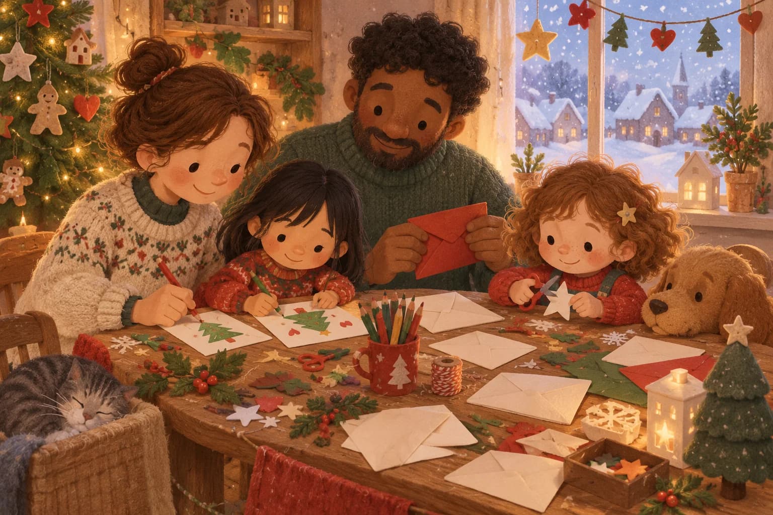 Un enfant prépare une lettre de Noël avec sa famille autour d'une table