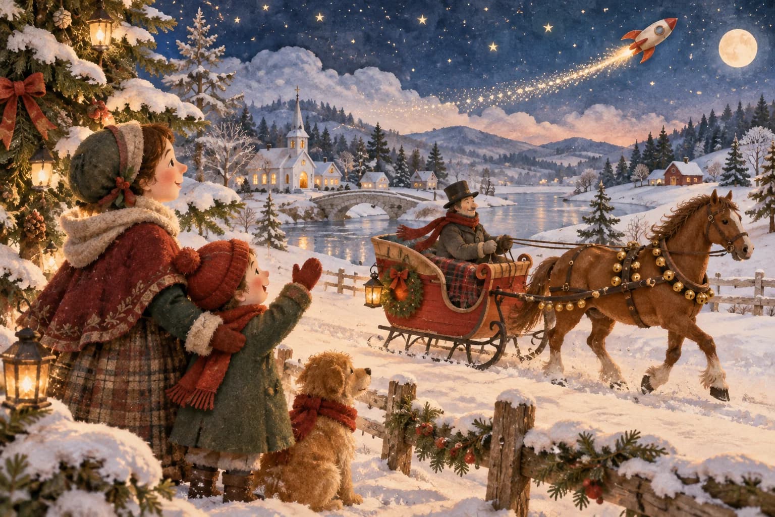 Un traîneau à grelots dans un paysage enneigé, avec un sapin et une fusée dans le ciel