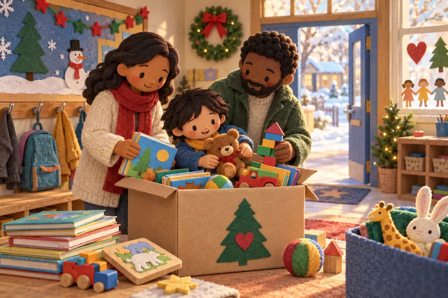 Un enfant prépare avec sa famille une boîte de jouets à donner à l’école avant Noël