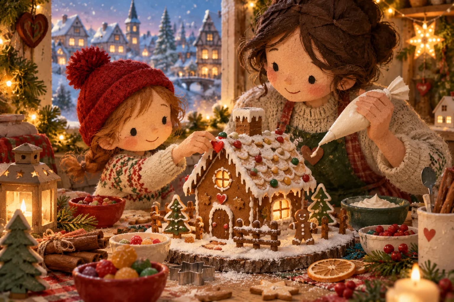 Un enfant et un adulte décorent ensemble une maison en pain d'épice dans un décor de Noël enneigé