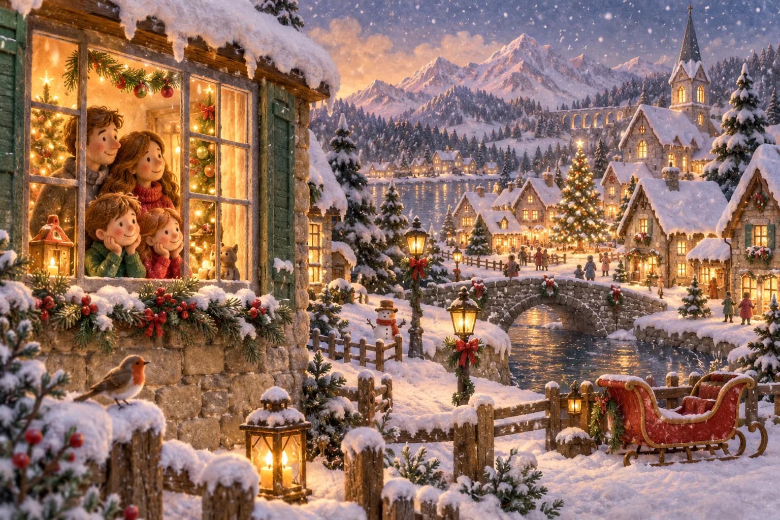 Famille observant la neige tomber devant un village illuminé à Noël