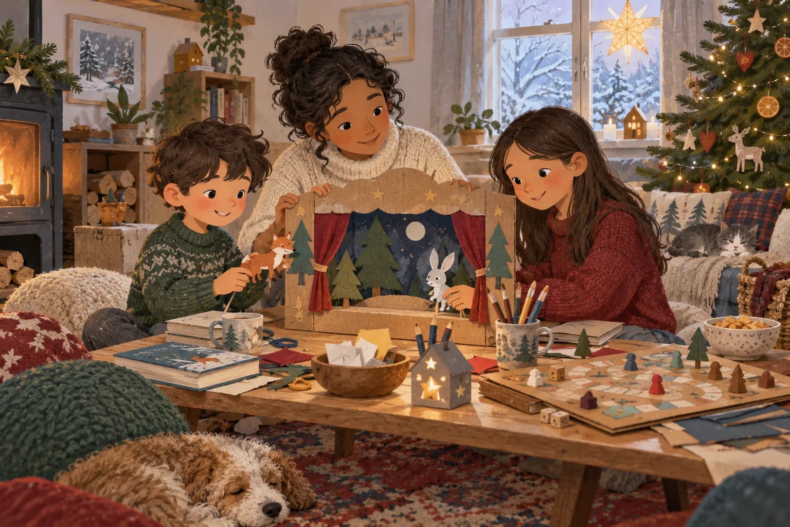 Deux enfants et un parent fabriquent un théâtre en carton dans un salon encore décoré pour Noël.