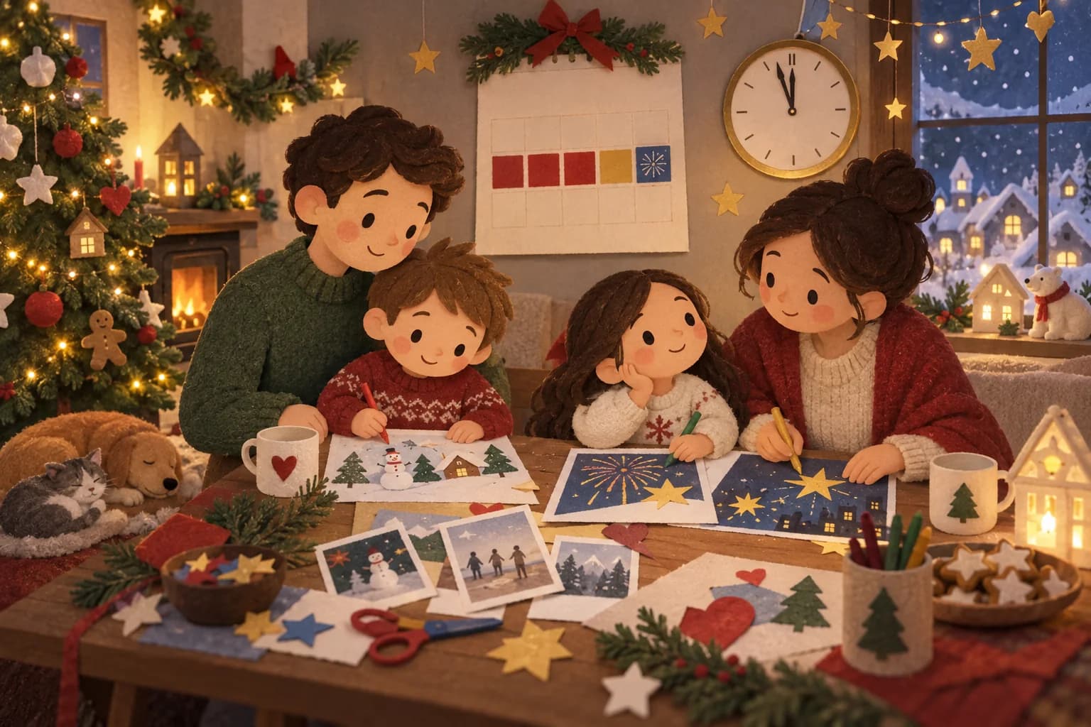 Une famille prépare calmement le passage de Noël au Nouvel An autour d’un calendrier et de dessins
