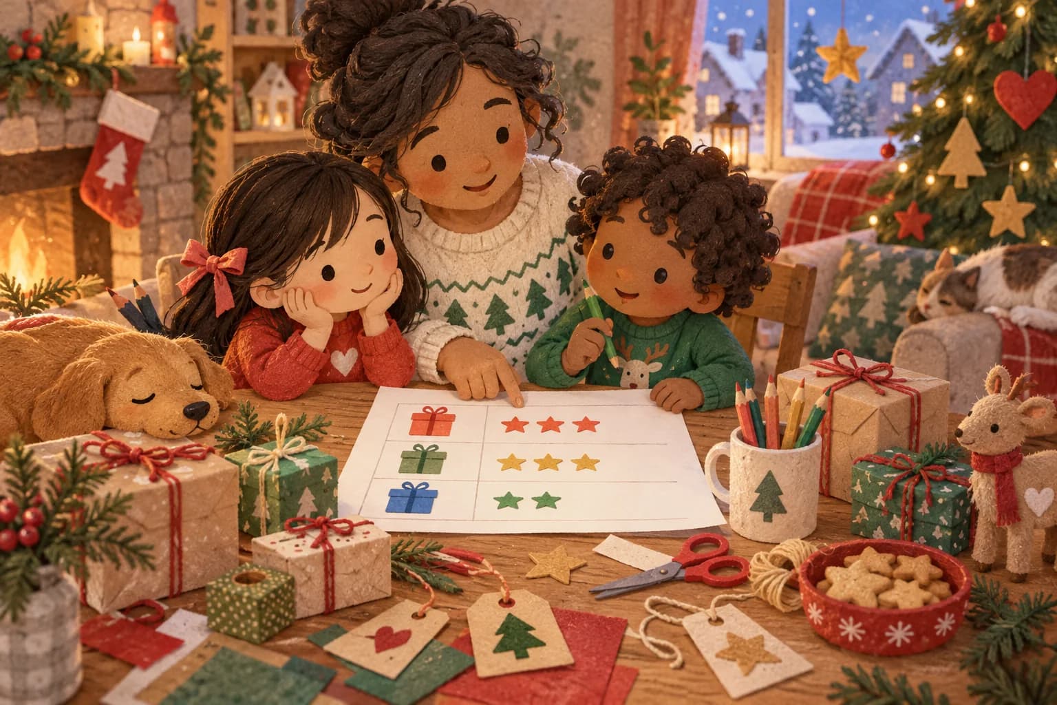 Une famille organise son budget de cadeaux de Noël autour d’une table