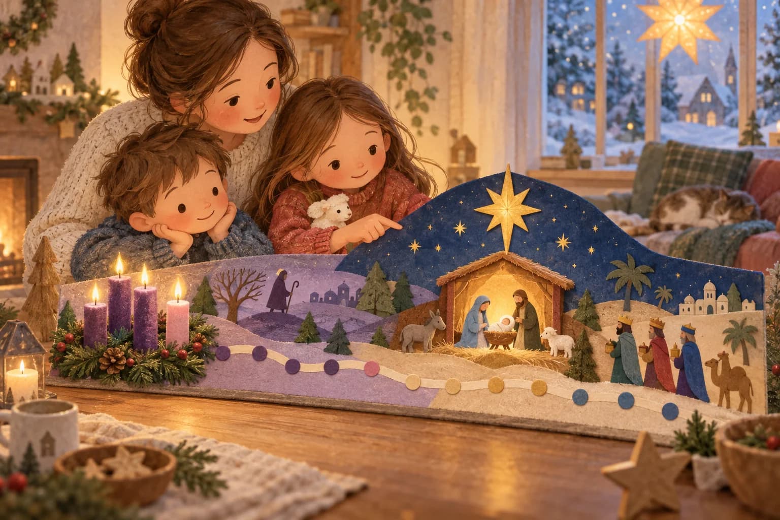Un enfant et un adulte observent un calendrier de l’Avent avec quatre bougies et une scène de Noël