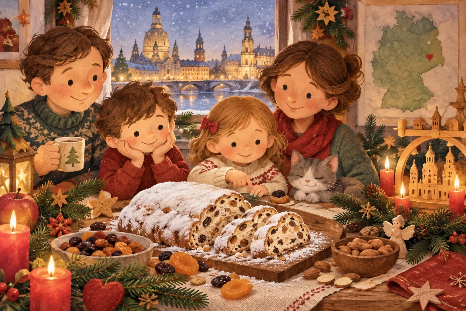 Christstollen saupoudré de sucre sur une table de Noël allemande