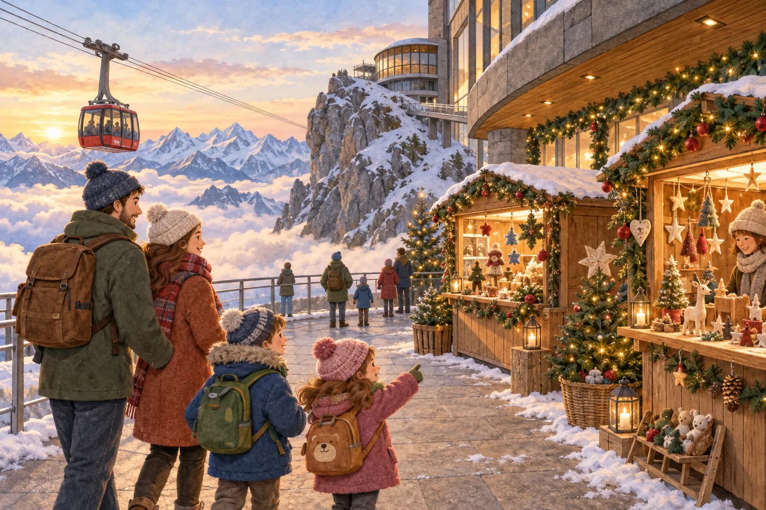 Une famille découvre des stands de Noël près d’un bâtiment au sommet d’une montagne suisse, face aux Alpes.