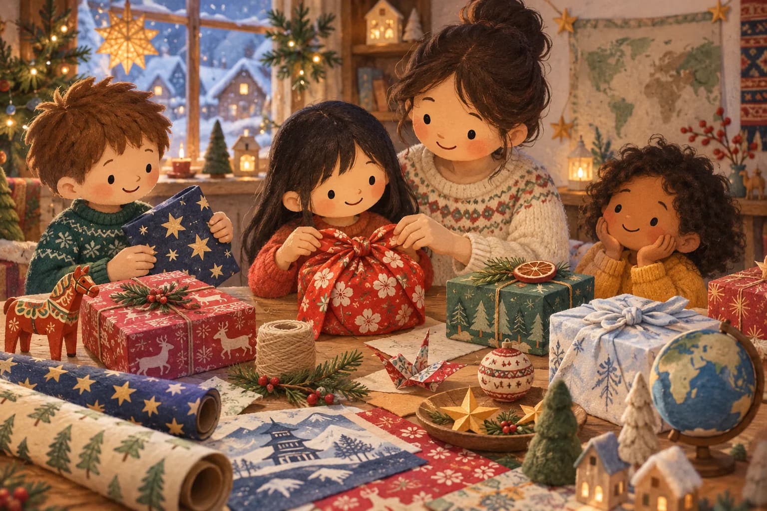 Un parent et des enfants découvrent plusieurs façons d’emballer des cadeaux autour d’une table