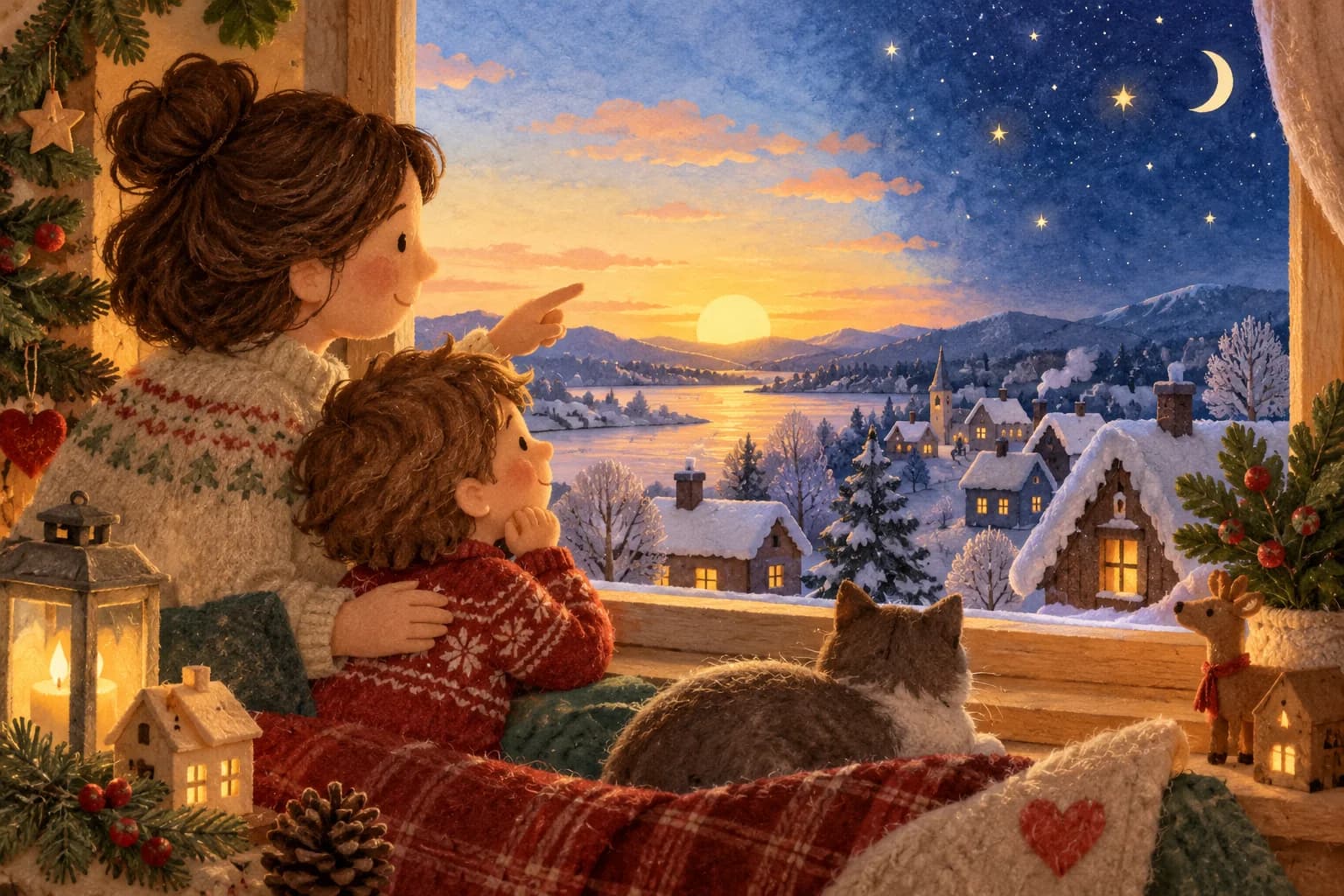 Un enfant et un adulte observent le ciel d’hiver et la nuit qui arrive tôt