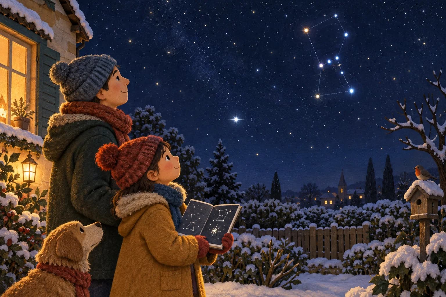Un enfant et un parent observent les étoiles du ciel d’hiver depuis un jardin, avec un carnet de dessins.